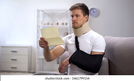 Man In Foam Cervical Collar And Arm Sling Reading Medical Bill, Shocking Price