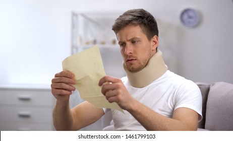 Man In Foam Cervical Collar Reading Medical Bill Shocked With High Price, Health