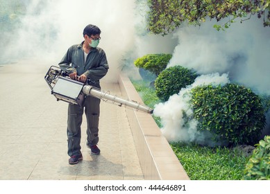 The Man Fogging To Eliminate Mosquito For Prevent Spread Dengue Fever