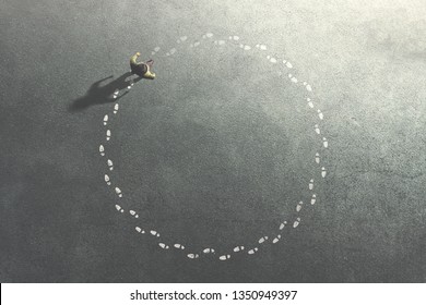 Man Following His Footsteps In Circle; Life Concept