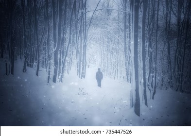 Man In Forest During Snow Storm, Fantasy Winter Landscape