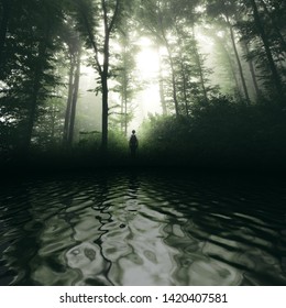 Man In Forest Lake Landscape With Forest Reflection On Water Surface