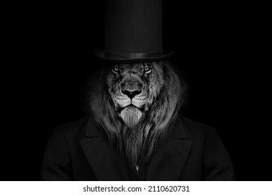 Man in the form Lion   The lion person   animal face isolated black white