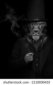 Man in the form of a Lion portrait , The lion person , animal face isolated black white