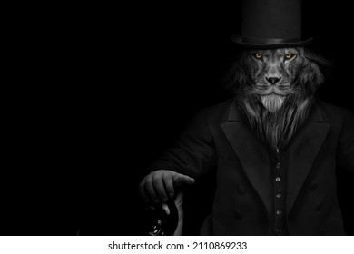 Man in the form of a Lion seated on the throne, king , The lion person , animal face isolated black white