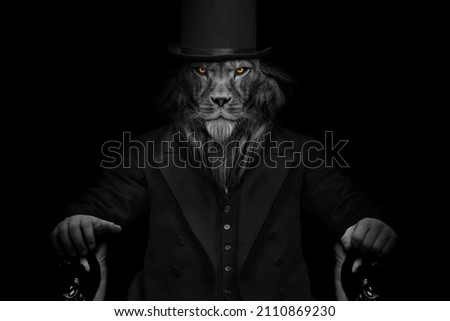 Man in the form of a Lion seated on the throne, king , The lion person , animal face isolated black white