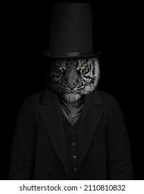 Man In The Form Of A Tiger Mammal , The Tiger Person , Animal Face Isolated Black White