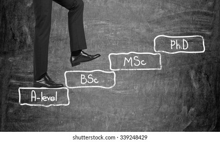 A Man In Formal Suit Is Going Up To The Stairs. Steps Symbolise Level Of Education. A-levle, Bachelor, Masters And Doctor Of Philosophy. Black Chalkboard On Background. Education.