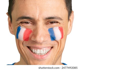 Man with a french flag painted on the face smiling - Powered by Shutterstock