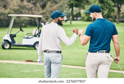 Man, friends and fist bump on golf course for sports, partnership or trust on grass field together. Happy sporty men bumping hands or fists in collaboration for good match, game or competition - Powered by Shutterstock