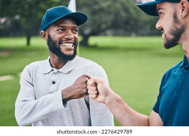 Man, friends and fist bump on golf course for sports, partnership or trust on grass field together. Happy sporty men bumping hands or fists in teamwork collaboration for match, game or competition - Powered by Shutterstock