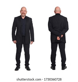 man front and back on white background, hands on hip
