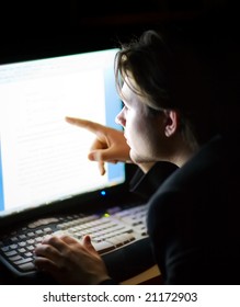 Man In Front Of Computer Screen. Dark Night Room.