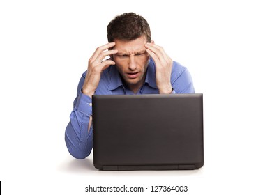 Man Frustrated With His Laptop Computer On White Background