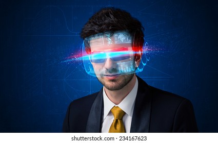 Man With Future High Tech Smart Glasses Concept