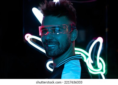 Man With Futuristic Glasses. The Concept Of The Near Future. Cyberpunk