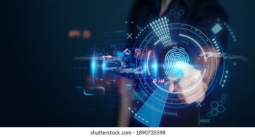 The man gains access to the personal information of the holograms with fingerprint identification. Modern technologies, cloud data storage