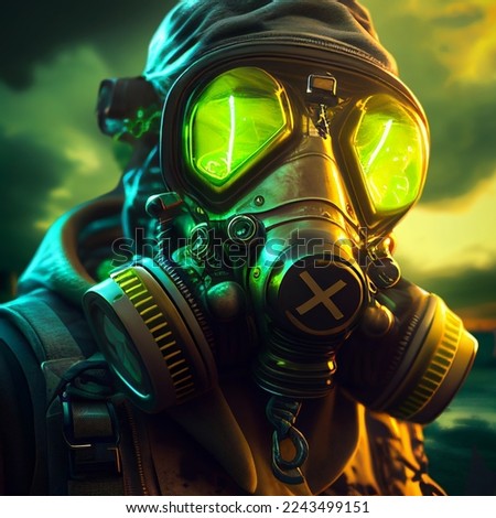 Man in gas mask and dramatic sky. Portrait of stalker wearing protective suit in radioactive or toxic zone. Concept of nuclear war, apocalypse, horror, pollution and disaster.