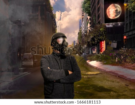 A man with a gas mask guards a street overgrown by vegetaion during the end-time mood