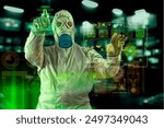 Man in a gas mask and protective suit analising biohazard data using AI with virtual visualization