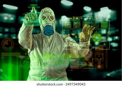 Man in a gas mask and protective suit analising biohazard data using AI with virtual visualization