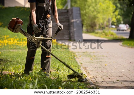 A man with a gasoline lawn mower. A worker in overalls mows the grass on the lawn with a trimmer on a sunny day. Pedestrian road and cars in the background