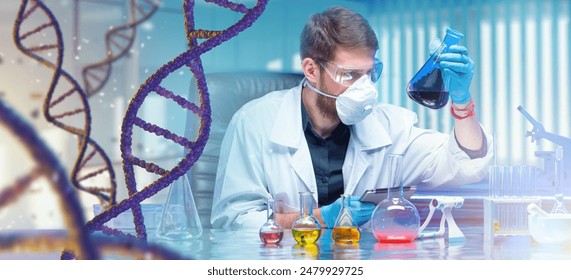 Man geneticist. Doctor sits at table in genetic laboratory. Chains of DNA or RNA. Sequencing human genome. Doctor studies DNA. Geneticist conducts scientific experiments Geneticist looks at test tubes - Powered by Shutterstock