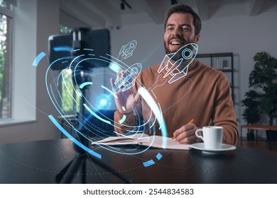 A man gestures towards a holographic rocket interface while sitting at a desk in a modern office, concept of innovation and technology exploration - Powered by Shutterstock