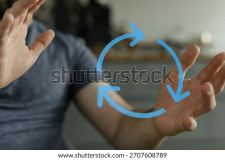 Man gesturing to a loop concept with arrows, depicting cyclical processes.