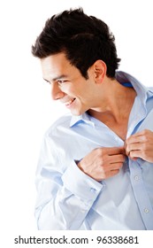 Man Getting Dressed Buttoning His Shirt - Isolated Over A White Background