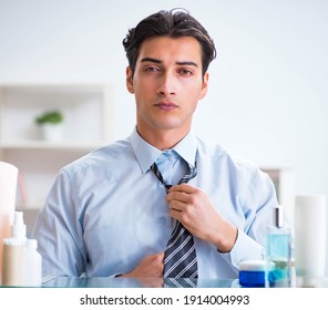 Man Is Getting Dressed Up For Work In Bathroom