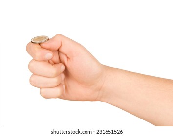 A Man Getting Ready To Flip A Coin. Isolated On White Background