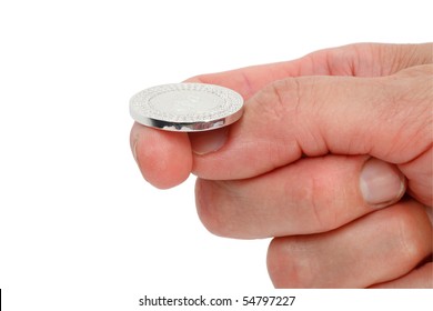 A Man Getting Ready To Flip A Coin. On One Side The Inscription YES, On The Other - NO. Isolated On White Background. Russian Coin Silver 12.27 Grams.