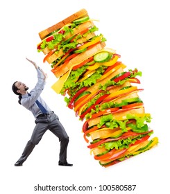 Man And Giant Sandwich On White