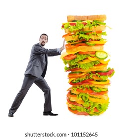 Man And Giant Sandwich On White