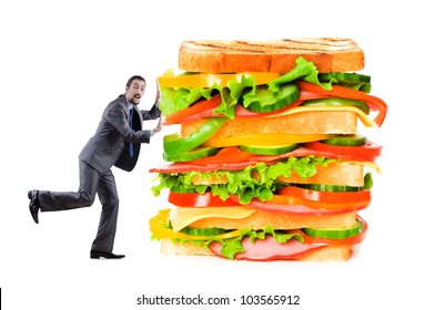 Man And Giant Sandwich On White