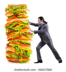 Man And Giant Sandwich On White