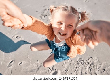 Man, girl and happy at beach for swing, holiday and fun with playing game, bonding and excited together. Father, child and smile outdoor with helicopter spin or pov for vacation, travel and summer - Powered by Shutterstock