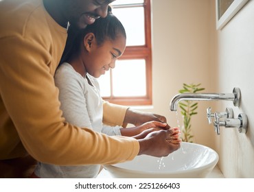 Man with girl, washing hands for hygiene in bathroom and disinfection, cleaning and self care with water for wash. Father, daughter quality time together and clean hand, happy family with health - Powered by Shutterstock