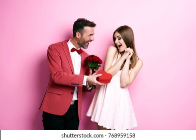 Man Giving Bunch Of Rose And Chocolate Box 