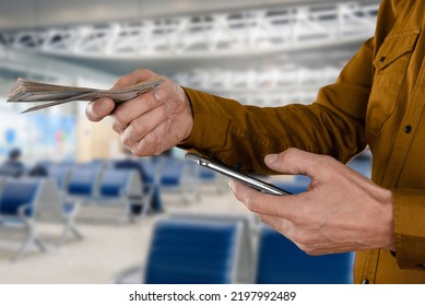 Man Giving Cash Money To Buy Train Ticket On Railway Station