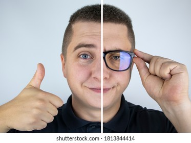Ein Mann mit Brille vor und nach. Auf der einen Seite ist das Gesicht ohne Brille glücklich, auf der anderen ein trauriger Ausdruck mit Brille. Schlechtes Konzept für die Behandlung des Sehvermögens, Laser-Augenoperation, Linsenersatz