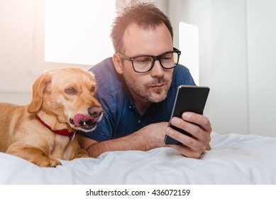 Man With Glasses In Blue Shirt Laying On The Bed With The Dog And Using Smart Phone.