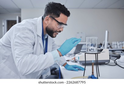 Man, glasses or laboratory glass in science research, future dna engineering or bacteria analytics on fire flame. Happy, smile or scientist beaker in healthcare pharmacy test or medical study safety - Powered by Shutterstock