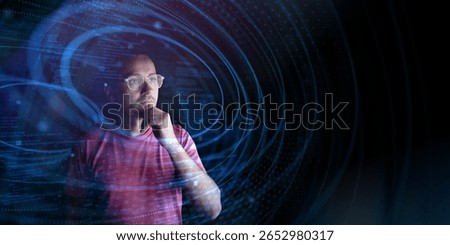 Man in glasses thinking, surrounded by futuristic digital swirl patterns and data streams, symbolizing innovation, technology, artificial intelligence, and deep analytical thinking.