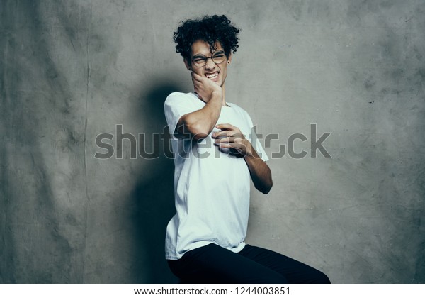 Man Glasses Twists His Face Curly Stock Photo Edit Now 1244003851