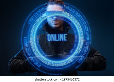 Man In Glasses Of Virtual Reality, Boxing Gloves. Augmented Reality, Future Technology Concept. Futuristic Holographic Interface To Display Data. Cyber Crime, Cyber Attack, System Breaking Concept.