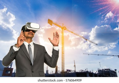 Man With Glasses Of Virtual Reality, Business Suit At Investing In The Future Of Construction Site. The Build Buildings, VR Technology Concept.