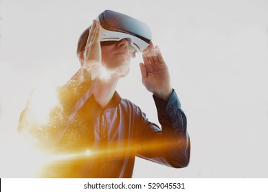 The Man With Glasses Of Virtual Reality. Future Technology Concept.