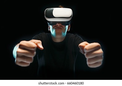 The man with glasses of virtual reality. Future technology concept. ภาพถ่ายสต็อก